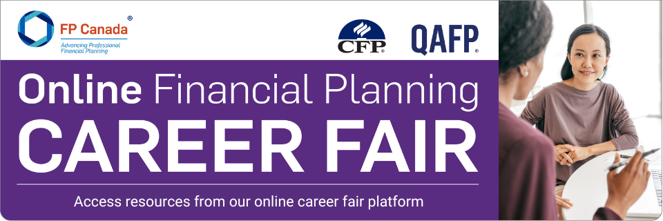 Online Financial Planning Career Fair. Feb 8, 12-4pm. FP Canada, CFP and QAFP logos. Two people discussing career options