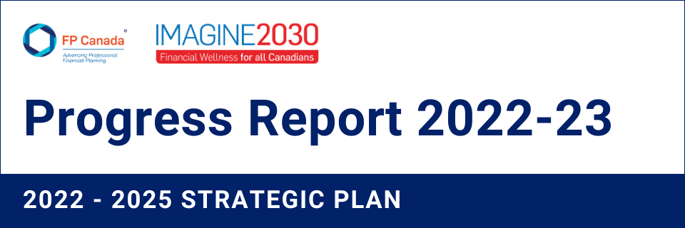 Progress Report 2022-2023 on the 2022-2025 Strategic Plan. FP Canada logo. Imagine 2030 logo