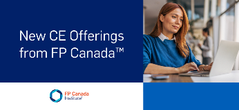 New CE Offerings from FP Canada. FP Canada Institute logo, woman with red hair and blue sweater looking at laptop in office