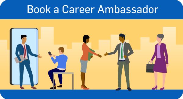 Book a Career Ambassador illustration CFP and QAFP professionals shaking hands and making connections